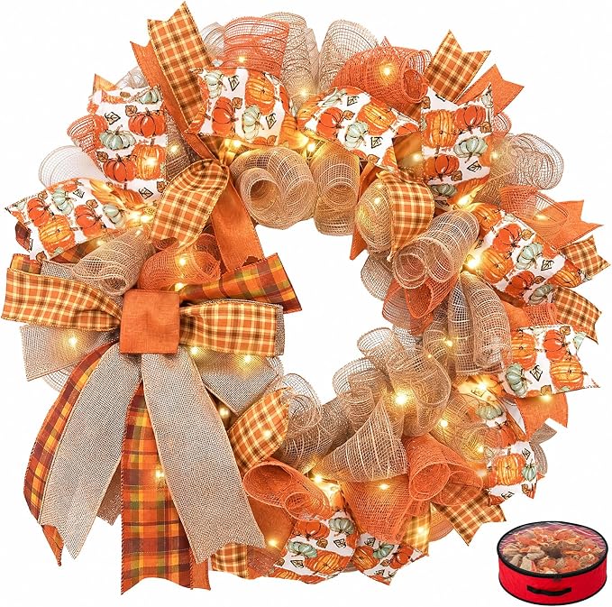24 Inch Fall Wreaths for Front Door, Pumpkin Wreath - skull wreath