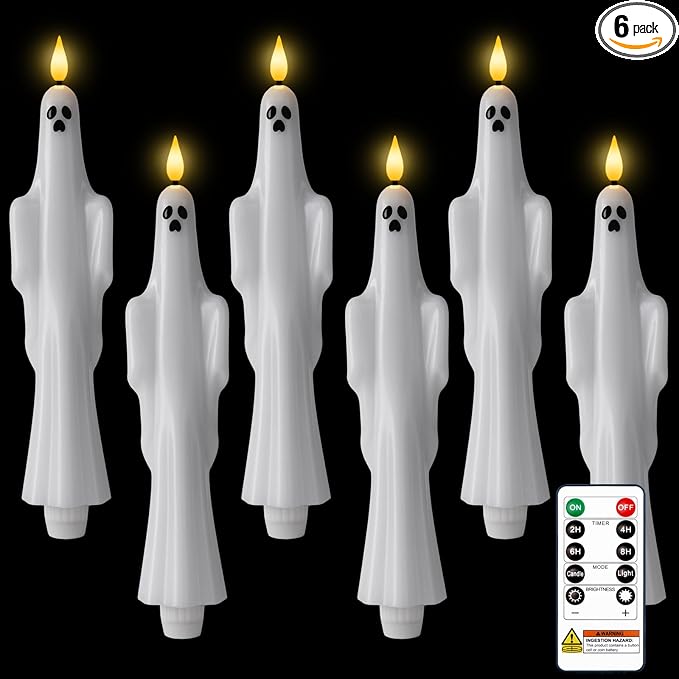 Homemory 6 Pcs Real Wax Ghost Flameless Taper Candles, 3D Wick Flickering Led Candlesticks 9.6 Inch Battery Operated with Remote & Timer, Spooky Halloween Gothic Indoor Decor - skull candle