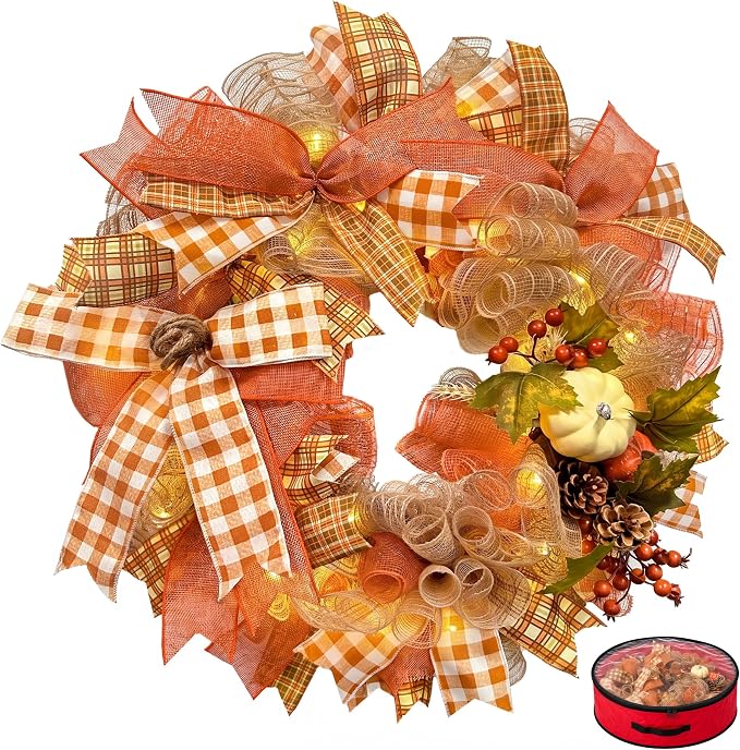 24 Inch Fall Wreaths for Front Door, Pumpkin Autumn Wreath - skull wreath