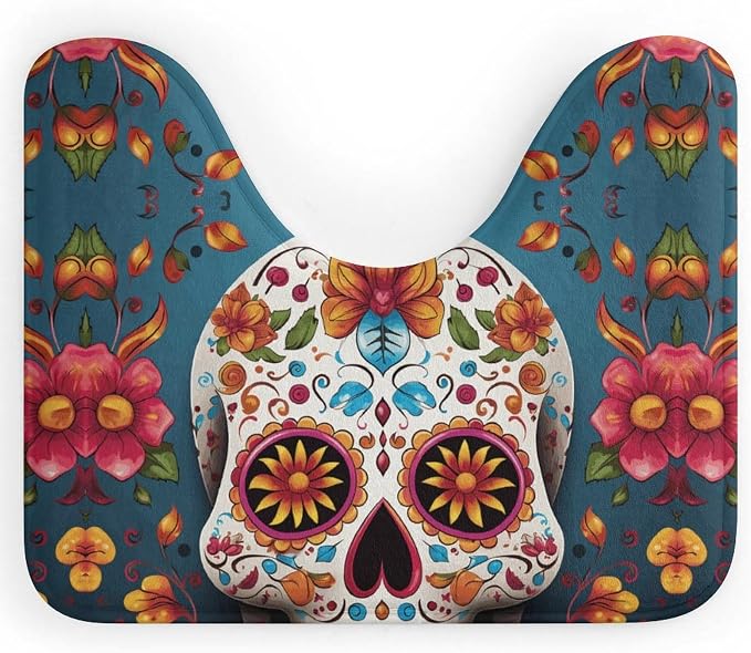 Colorful Sugar Skull Toilet Rug Mat for Home, Non Slip U-Shaped Shower Floor Mats, Absorbent Bathroom Rug for Hotel, Quick Dry Bath Mat, Commode Contour Rug Pad, 16"x20" - skull toilet mat