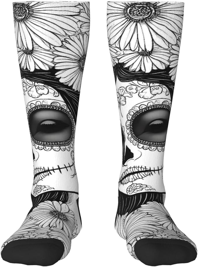 Floral Sugar Skull Portrait Print Color-Block Knee-High Socks, Stretchy Casual Athletic Socks - sugar skull costume