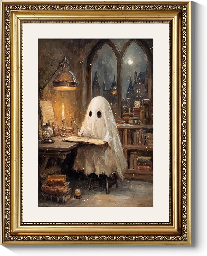 ARPEOTCY Gold Framed Canvas Halloween Wall Art, Vintage Ghost Decor,11x14In - skull wall art
