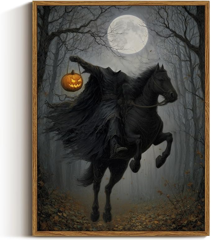 VIYYIEA Headless Horseman Halloween Wall Art 12×16 Inch Framed Canvas, Gothic Moonlit Forest Horse Painting, Spooky Halloween Decor for Living Room Entryway