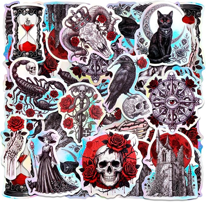 100 Pcs Gothic Holographic Waterproof Vinyl Stickers for Water Bottle, Cool Goth Sticker for Adults - skull sticker