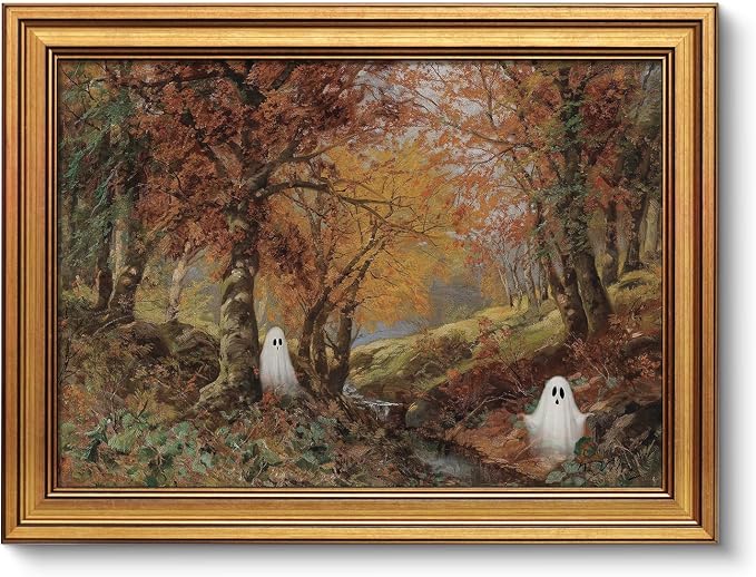 VIYYIEA Cute Ghost Halloween Wall Art 12×16 Inch Gold Framed Canvas, Vintage Autumn Forest Painting, Whimsical Woodland Ghost Artwork, Cottagecore Halloween Decor for Living Room Bedroom