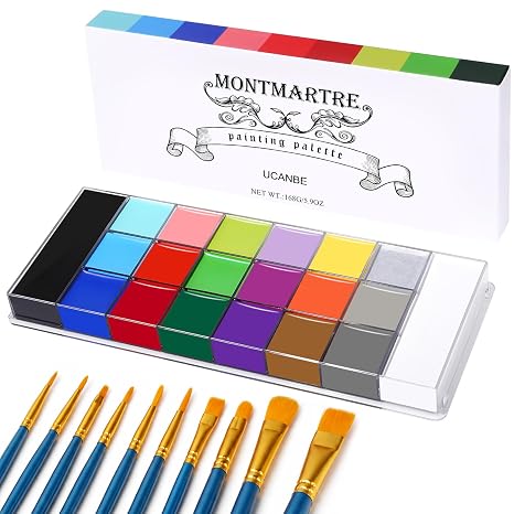 UCANBE MONTMARTRE Body Face Paint Oil Palette + 10PCS Brushes Set,Large Deep Pan Face Painting Kit for Halloween Cosplay Party Artist Costume Festival Sports 168g - skull painting