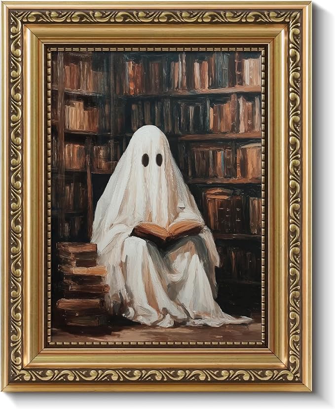 ARPEOTCY Gold Framed Canvas Halloween Ghost Wall Art, Cute Reading Ghost - skull painting