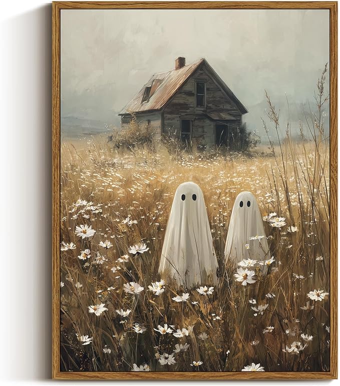VIYYIEA Cute Ghost Halloween Wall Art 12x16 Inch Framed Canvas, Vintage Farmhouse Ghost Painting, Whimsical Cottagecore Halloween Decor for Living Room Bedroom Entryway - skull painting