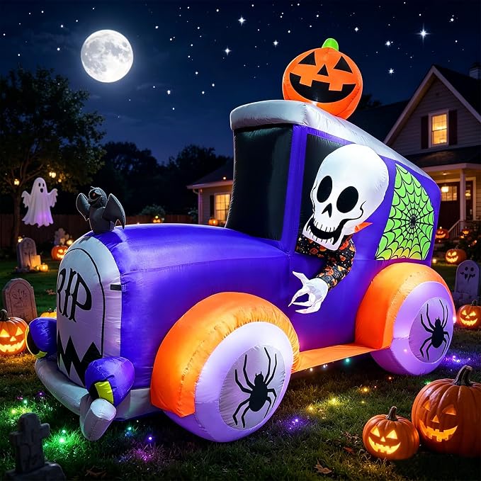 8FT Halloween Inflatables Decoration Monster Truck Outdoor Decoration Giant Car Skull Skeleton Pumpkin & Spider Decorations Blow Up Halloween Decor for Lawn, Garden, Porch - skull inflatable
