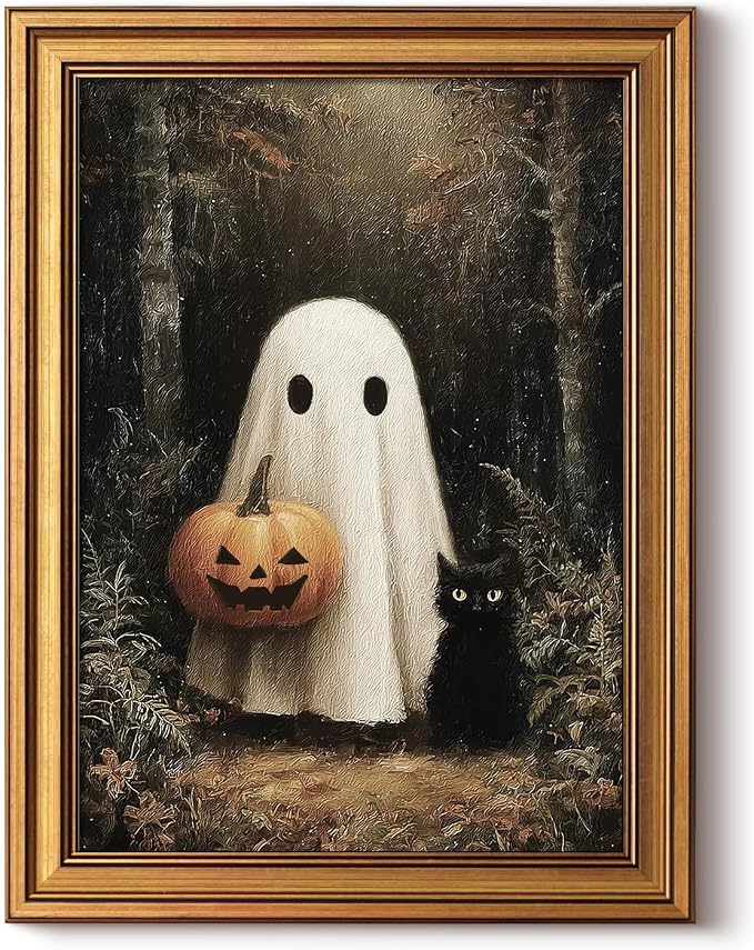 WHASAYART Halloween Canvas Wall Art, Gold Framed Pumpkin Ghost, 12×16 Inch