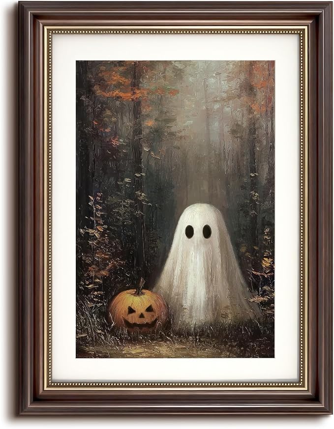VIYYIEA Vintage Fall Wall Art, Halloween Ghost Prints 12×16 In Brown Framed - skull painting