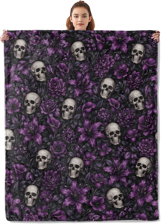 Gothic Skull Purple Floral Blanket, Soft Dark Flowers Flannel Throw Gifts for Women Teens Adults, Warm Cozy Lightweight Blankets for Travel, Decor, Office 60"×50" - skull blanket