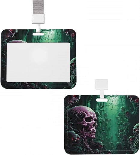 ID Badge Holder Vertical Plastic Card Case Protector Skull Under Green Light Badge Holder with Lanyard ID Card Holder Waterproof Name Tag Holder Badge Reel Work Badge Sleeve for Office Staff Employees - skull lamp