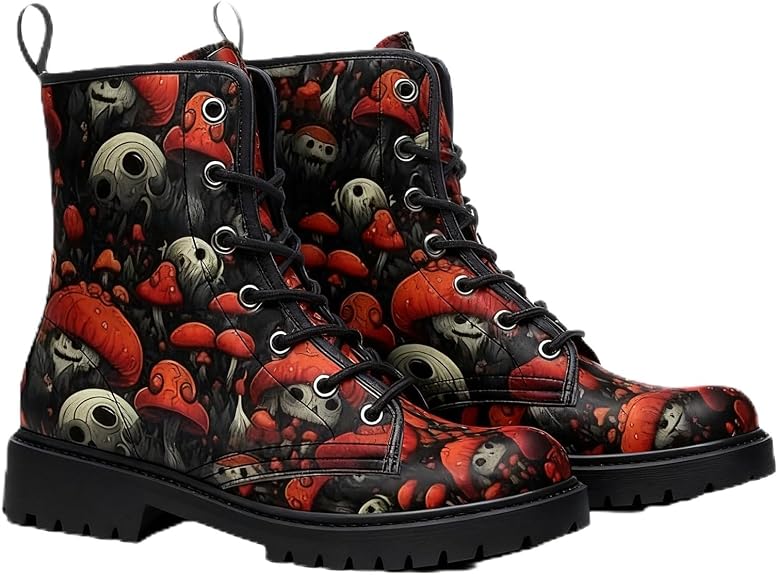 Women's Lace Up Combat Boots with Mushroom Flower Graffiti Animal Print Unique Printed Ankle Booties Casual Non Slip Platform Boots for Daily Party All Seasons Halloween Fashion Print Boot - sugar skull costume