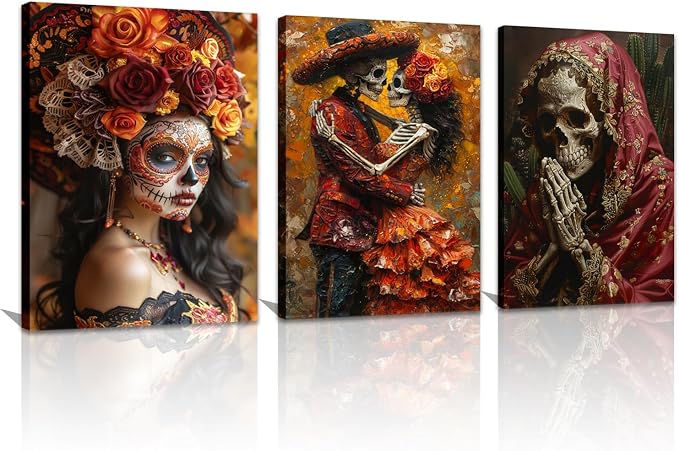 BAOYILONG Day of the Dead Canvas Wall Art 3 Pieces Sugar Skull Girls Posters Mexican Festival Picture Printing Frame for Living Room Home Decor (WE117-1, 12W x16H x3pcs, Framed) - skull painting
