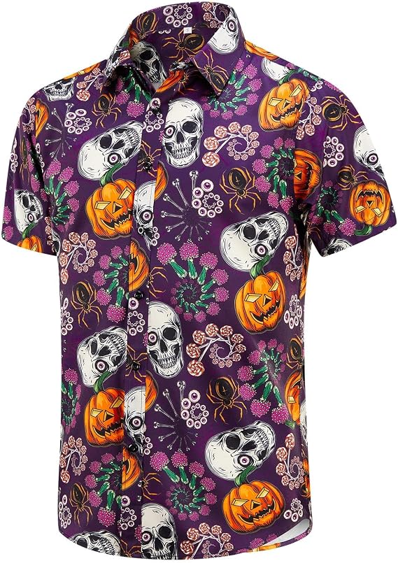 EUOW Halloween Button Down Shirts for Men Fun Skeleton Printed Casual Short Sleeve Hawaiian Tropical Novelty Shirt - sugar skull costume
