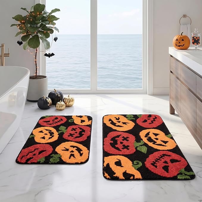 Arttown Bathroom Rug Set of 2, 16"x24"+20"x32", Halloween Pumpkin - skull toilet mat