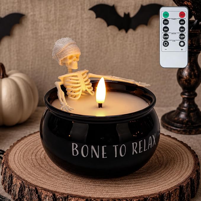 Halloween Flameless Candle, Skeleton Bath Battery Operated Tabletop Decor - skull candle