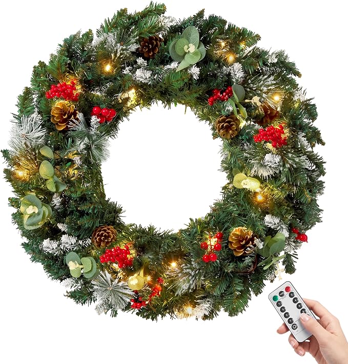 JOYIN 24'' Prelit Christmas Wreath, Artificial Wreath with Warm White Lights, Red Berries, Pine Cones, Remote, 8 Lighting Modes and Timer for Front Door, Wall, Mantel Holiday Xmas Indoor Decor - skull wreath