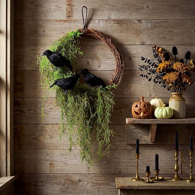 Suncalla 23.6" Halloween Wreath for Front Door, Moss Crow Raven Garland - skull wreath