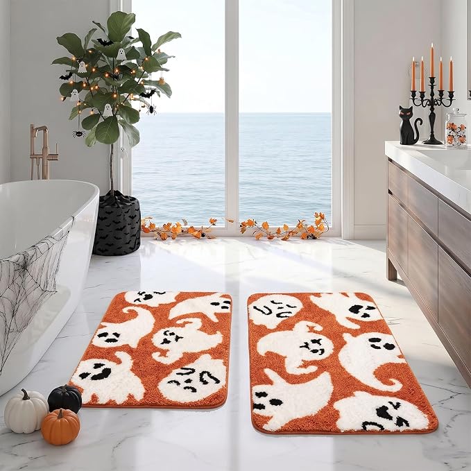Arttown Bathroom Rug Set of 2, 16″x24″+20″x32″, Halloween Ghost White