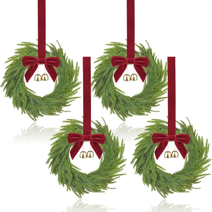 Edussy 4 pcs 12 inch Small Christmas Wreath,Mini Wreaths for Kitchen Cabinets with Red Bows and Bells,Artificial Mini Wreaths Indoor/Outdoor for Christmas Window,Stairs Railing and Chairs Decor - skull wreath