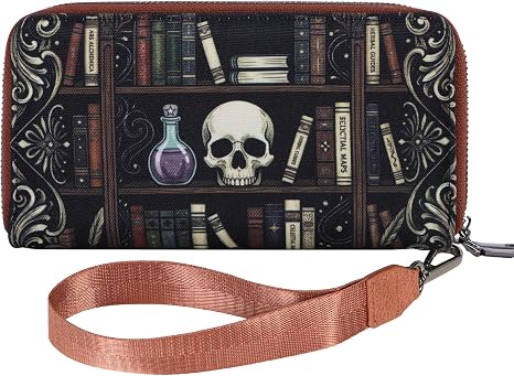 WHHMK Bookshelf and Skull Gothic Wallet，Wear-resistant and Scratch-resistant 900x600D Polyester Oxford Fabric Wallet, Used for Witchy Accessories of Goth Enthusiast - sugar skull handbags for sale