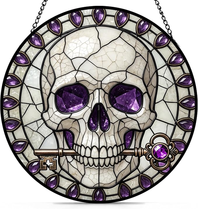 Gothic Skeleton Stained Glass Window Hanging, Goth Skull with Key Suncatcher Round Glass Wall Art, Purple and White Gothic Sun Catchers Wall Hanging Decorations, 7.9×7.9in