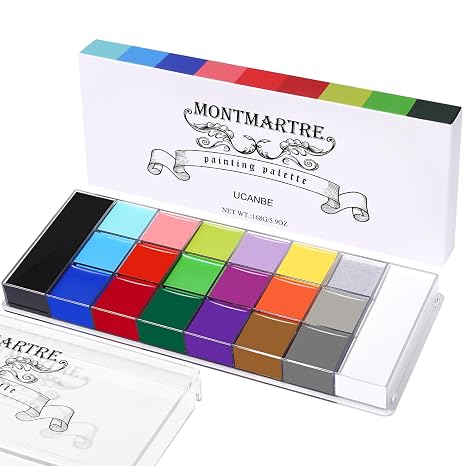 UCANBE Montmartre Face Body Paint Palette, 20 Colors Oil-Based Large Black & White Professional Painting Palette for Halloween FX Cosplay Party Costume Festival Stage Art Makeup Full Size 5.9oz - sugar skull makeup