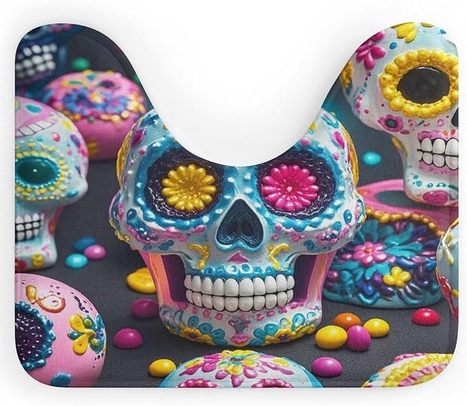 Sugar Skulls Toilet Rugs U-Shaped Bath Rug Soft Absorbent Bathroom Rugs Non-Slip Contour Bath Mat Washable Commode Contour Rug Toilet Mat for Bathroom 20x16inch - skull toilet mat