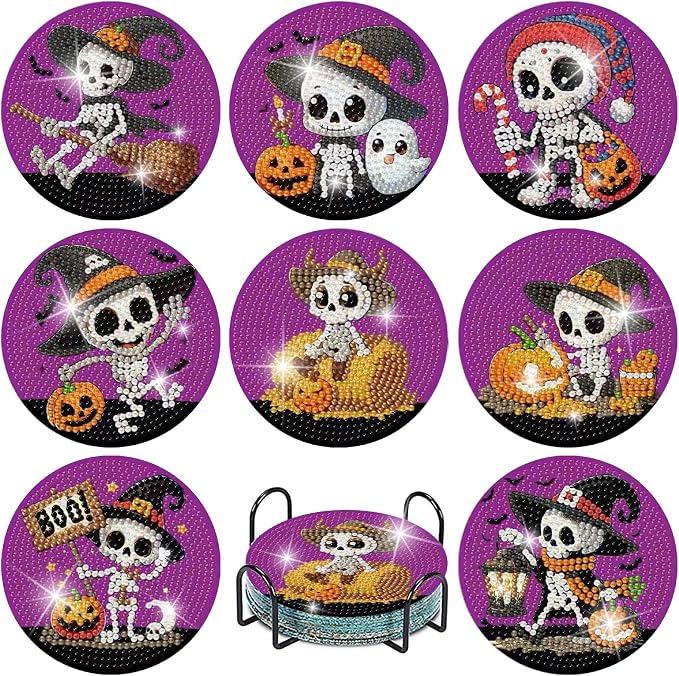 8 PCS Halloween Diamond Painting Coasters Kits for Adults Beginners, DIY Skull Diamond Art Coasters with Holder Cork Pads, Full Round Drill Diamond Dots Art Painting Coasters Crafts for Home Decor - skull coaster