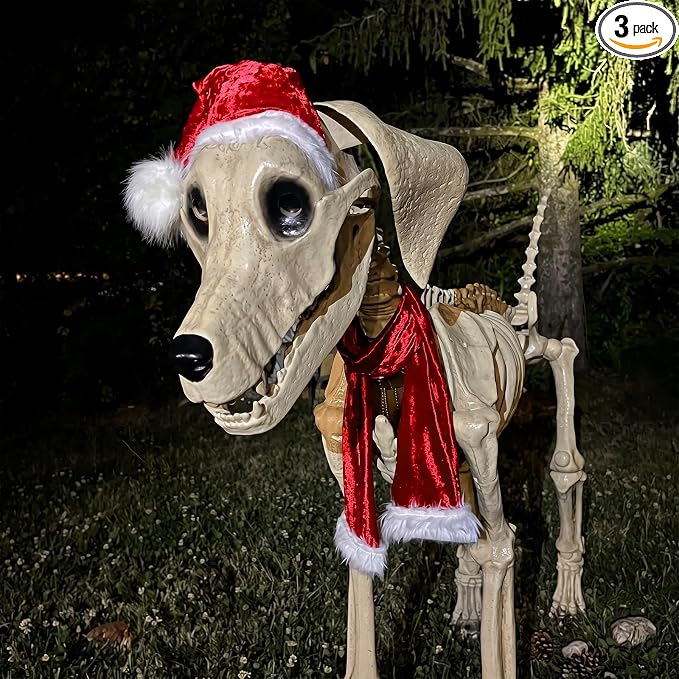 Tallew Skeleton Dog Christmas Accessories for 7 ft Giant Dog, Santa Hat and Scarf Costume Kit for Outdoor Yard Lawn Garden Christmas Decorations, Skeleton Not Included - skeleton