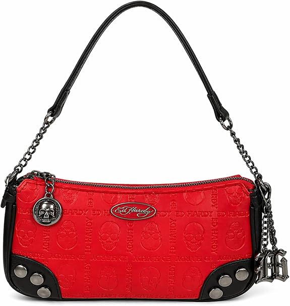 ED HARDY Skull Embossed Shoulder Bag, Leather-Look Mini Handbag with Chain Strap and Charm, Compact Purse - sugar skull handbags for sale