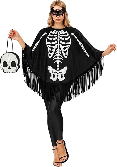 3 PCS Day of the Dead Costume for Women Sugar Skull Poncho - sugar skull makeup