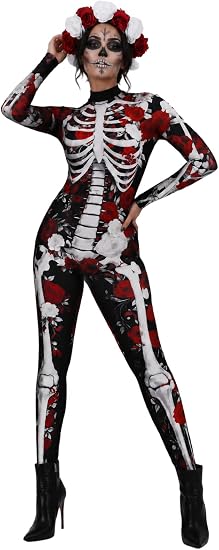 Women's Day of the Dead Flower Skeleton Jumpsuit with Headband - sugar skull costume