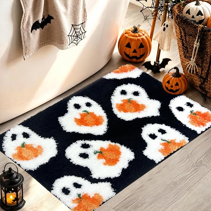 MEHOFOND Halloween Black Ghost Pumpkin Non-Slip Bathroom Rug, 17x24 Inch - skull carpet