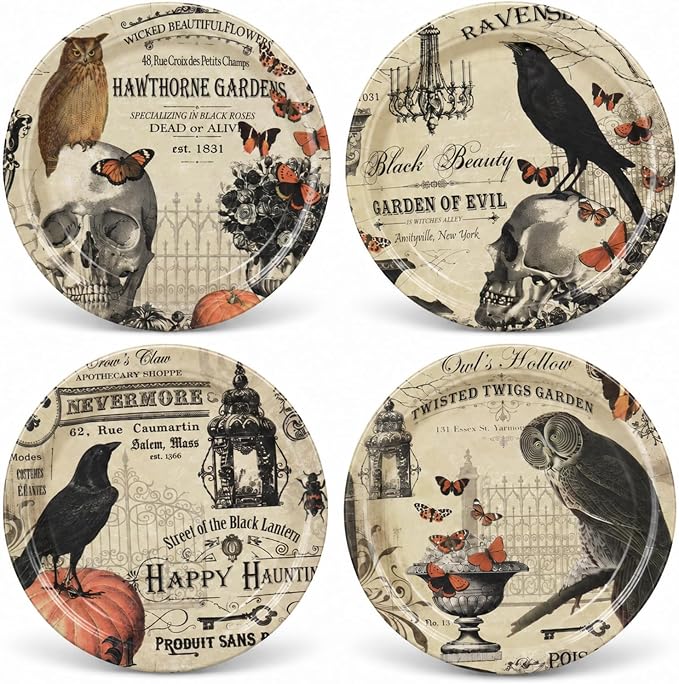 Whaline 48Pcs Halloween Paper Plates 9 Inch Vintage Owl Crow Skull Disposable Plates Dessert Plate for Home Party Supplies Table Decor - skull plate