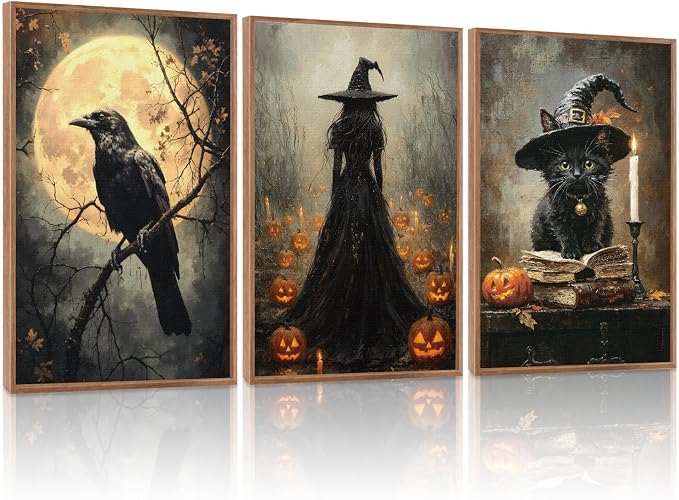 KAIRNE Black Cat Halloween Wall Art Dark Witch Gothic Print Set-24’’X36’’X3