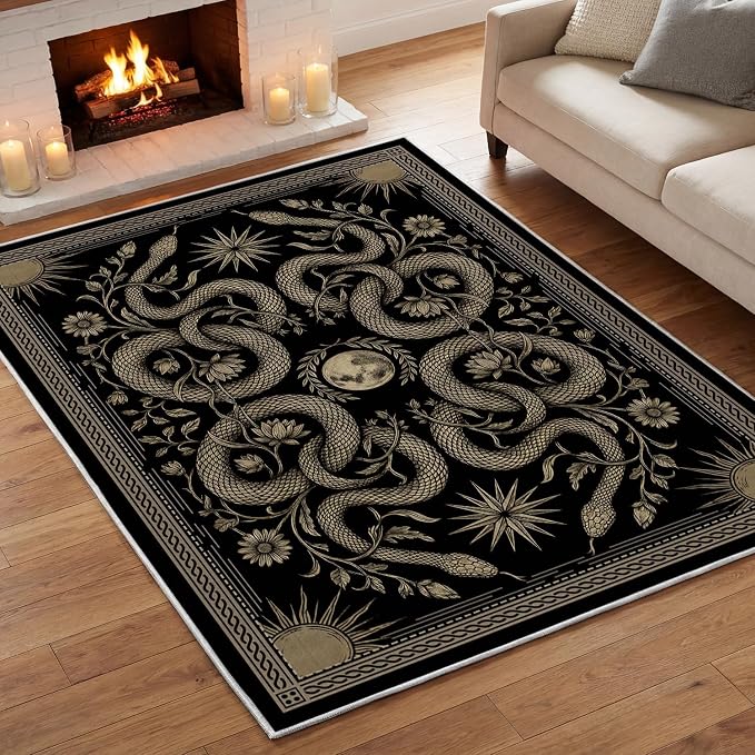 Artoid Mode Black Snake Mysterious Witch Eucalyptus Flowers Area Rug, Gothic Sun Moon Home Decor Non Slip Washable Area Rug for Entryway Bedroom Living Room Laundry Room Indoor 5×7 Feet