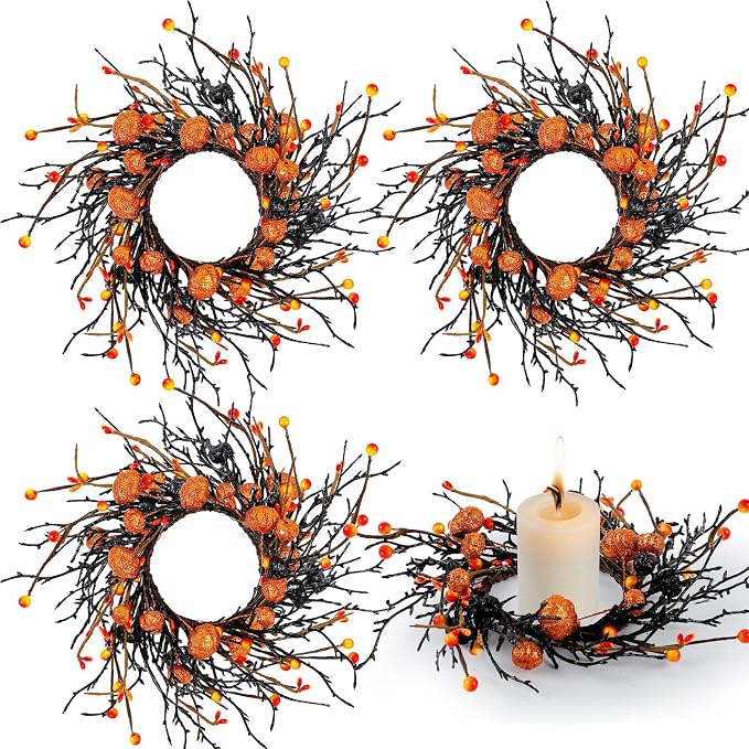 4 PCS Mini Halloween Tapered Candle Rings Fall Berry Pumpkin Wreaths
