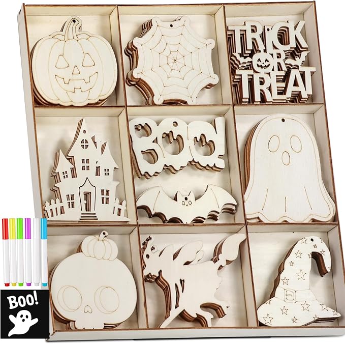 WOHOHOHO 45PCS 10 Designs Halloween Unfinished Paintable Blank with Tray - skull painting