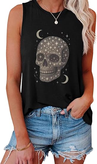 Womens Tank Tops Summer Loose Fit Casual Tank Tops Crewneck Sleeveless Tops 2026 - skull tshirt
