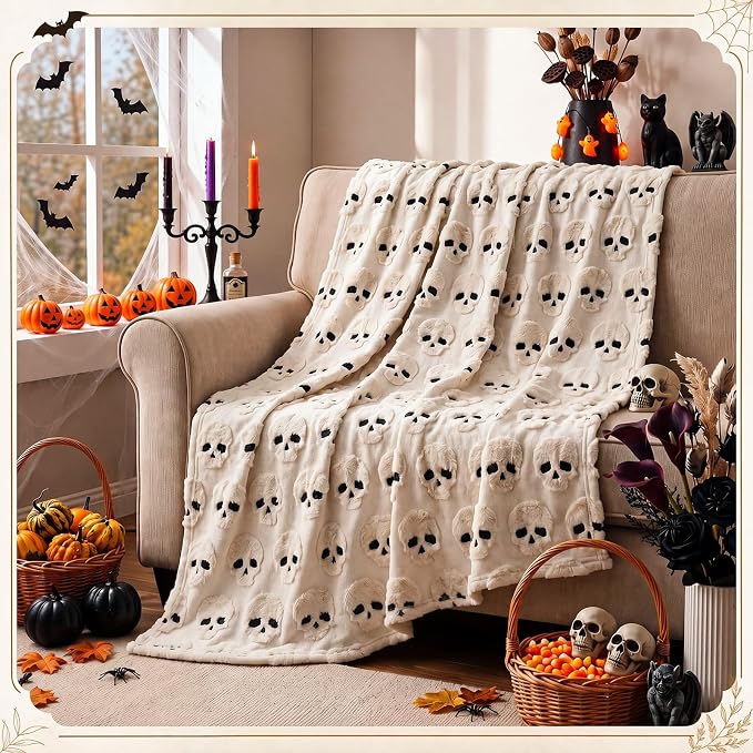 Halloween Throw Blanket 50 x 60” Cute 3D Skull Blanket, White