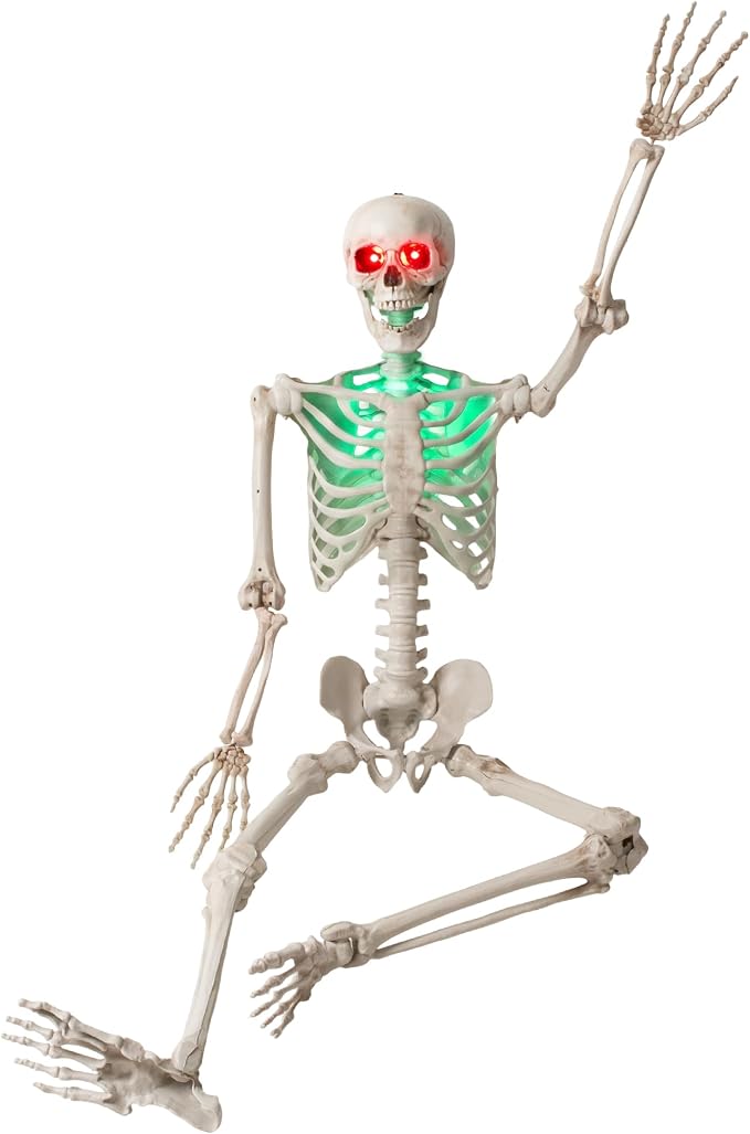 5.2 FT Halloween Skeleton Decorations, Posable Full Body Realistic Bones with Light Up Eyes and Body, Giant Life Size Hanging Skeletons for Halloween Decor, Yard Lawn, Graveyard, Haunted House - skeleton