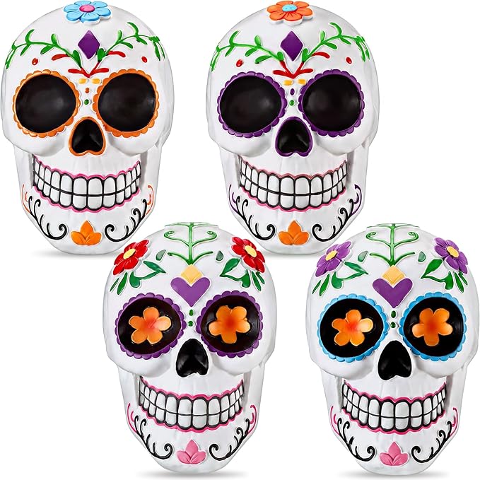 Colingmill 4 Pcs Day of The Dead Sugar Skull Figurines Decorations, Ceramic - skull figurine