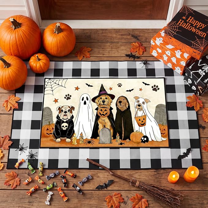 Newwiee 2 Pcs Halloween Dogs Front Door Mat Set - skull carpet