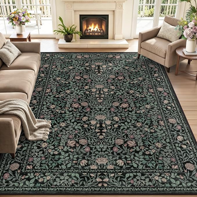 5x7 Area Rug Living Room: Soft Floral Washable Carpet Dark Green - skull carpet