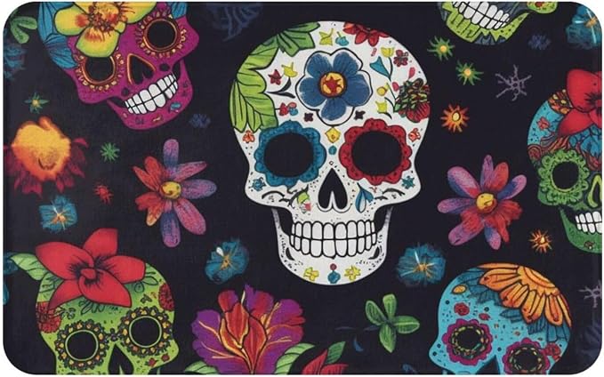 Flower Cactus Sugar Skull Front Door Mat, Absorbent Muddy Dirt Resist Welcome Mats Heavy Duty All-Weather Floor Mat Indoor Outdoor Door Mats Rug,Low Profile Doormat for Entryway,20"x 31.5" - skull floor mat