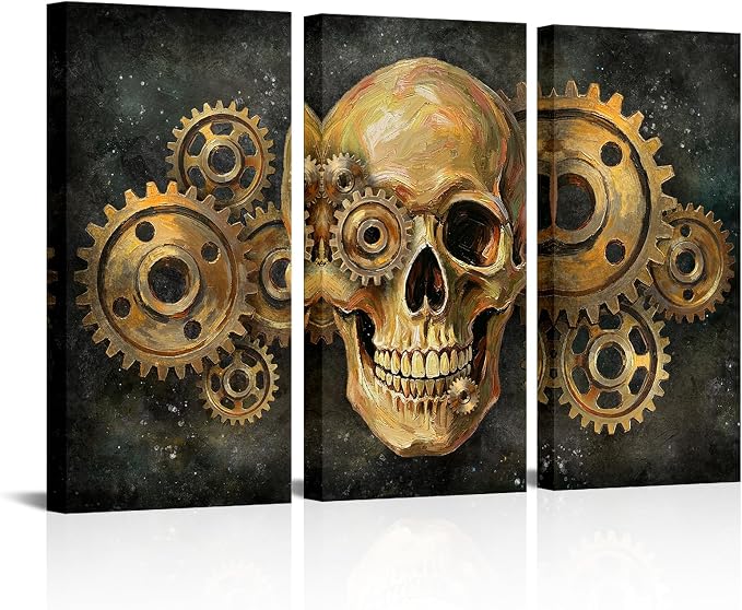 iHAPPYWALL 3 Pieces Cool Wall Art Skull Painting on Canvas Gear Wheel Picture Halloween Day of Dead Home Bedroom Decor - skull wall art
