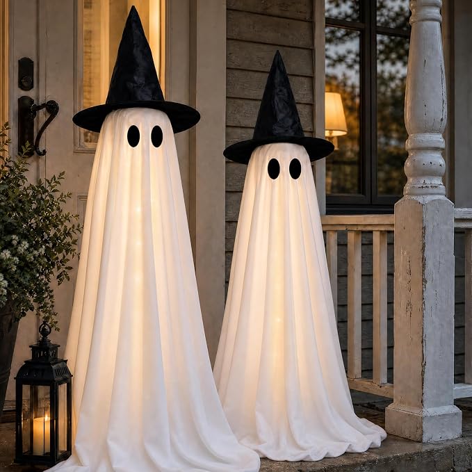 Halloween Decorations Indoor -2 Packs Light Up Ghost with Lights - skull wreath